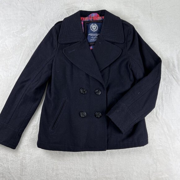 American Eagle Double Breasted Pea Coat Navy Blue Womens Size Large Plaid Liner - Picture 1 of 8
